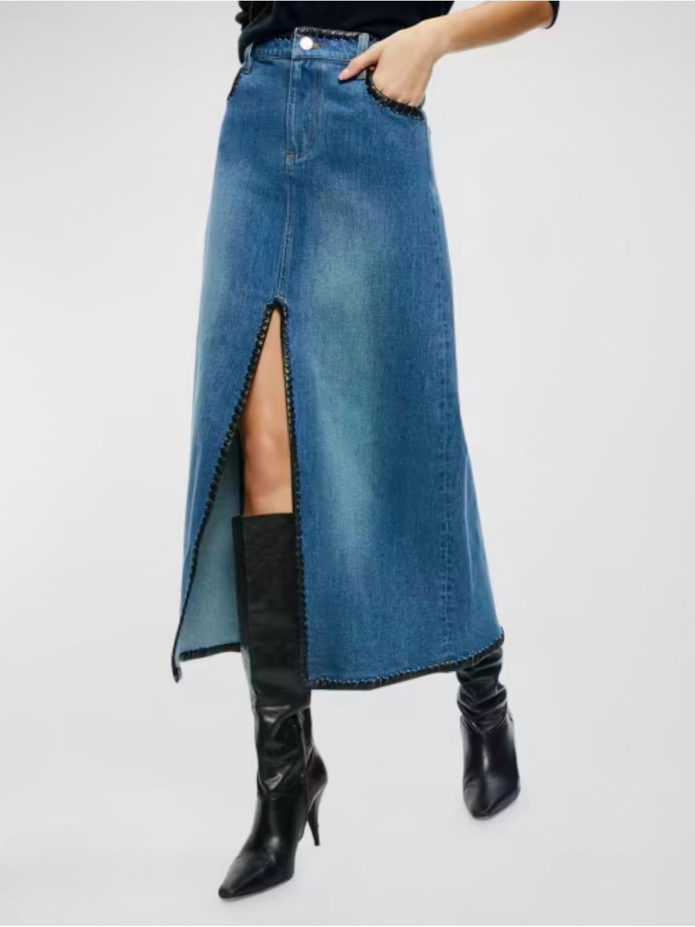 Alice + Olivia Rye Denim Maxi Skirt with Leather – Lola Blue/Black – Size 28 NWT